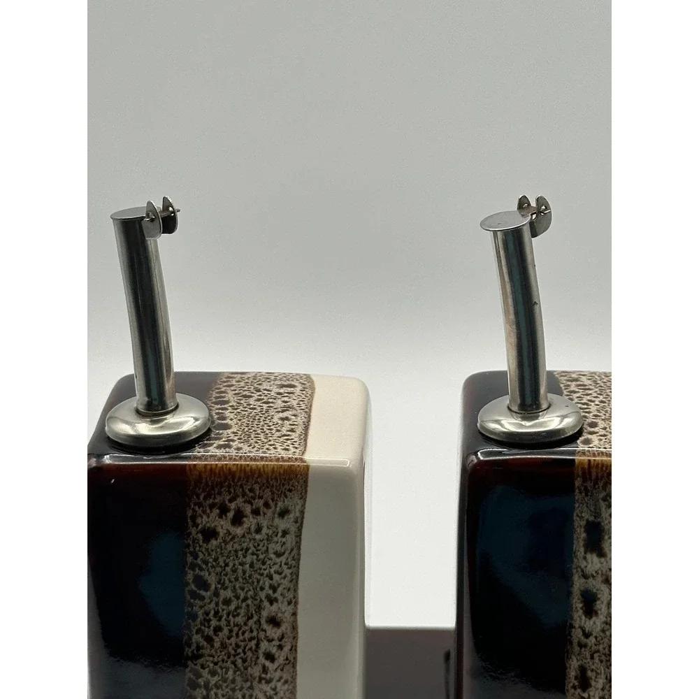 Vintage Pier 1 Tri-Color Brown & White Ceramic Oil, Vinegar, Salt Pepper Set